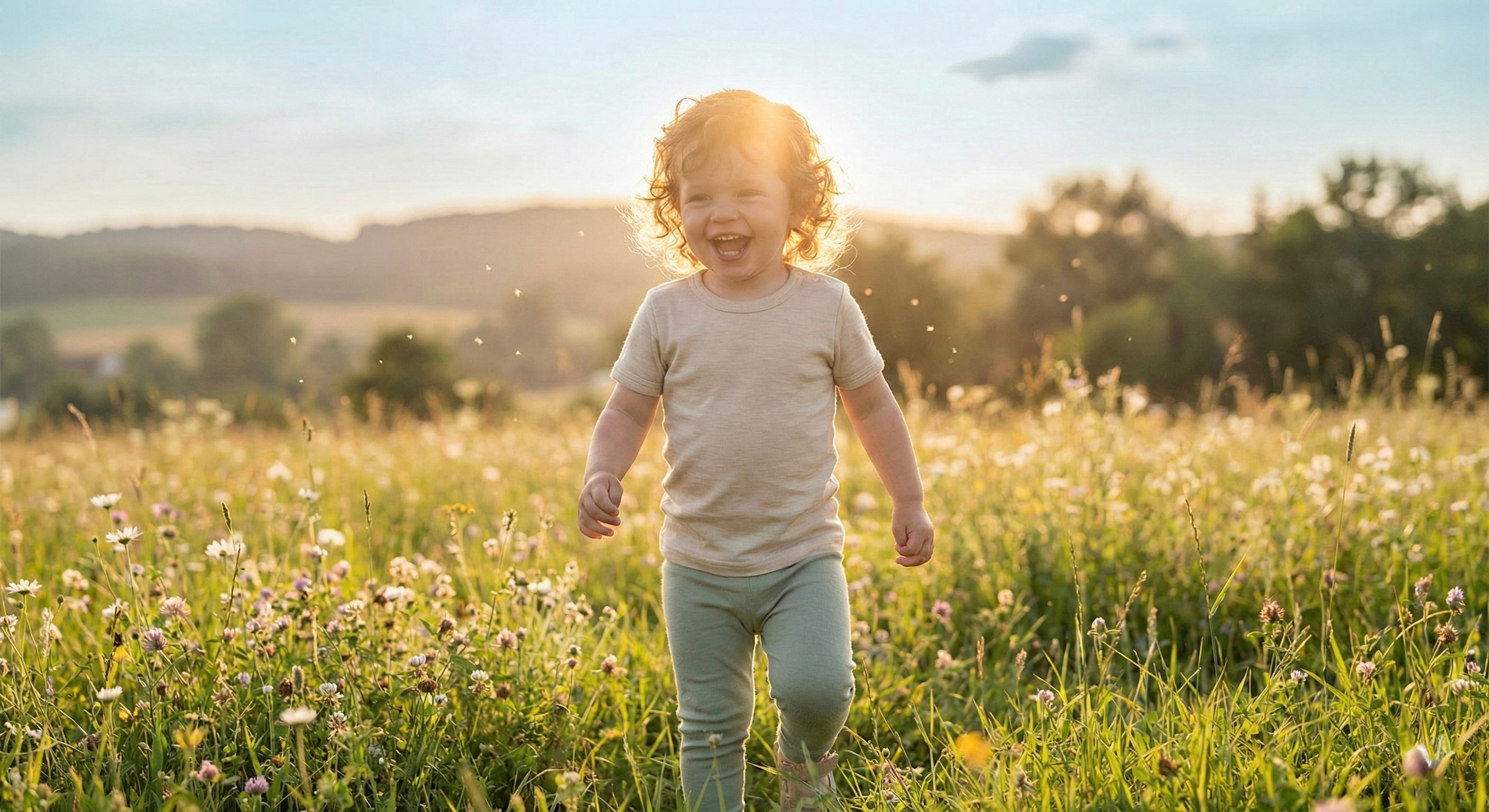 Kind trägt ein beiges Merino-T-Shirt von Bellibell und spielt lachend auf einer Blumenwiese bei Sonnenuntergang.