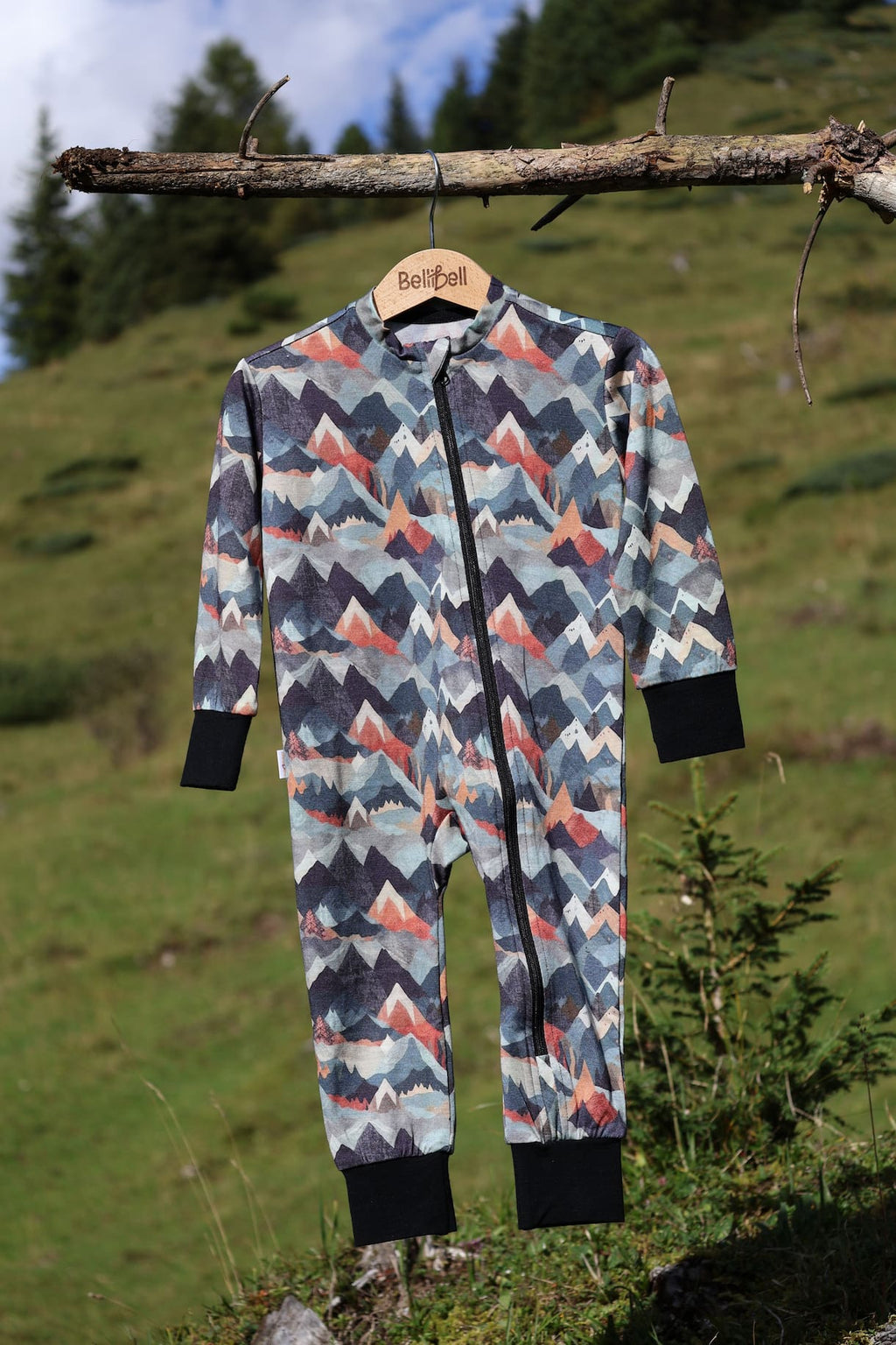 Merino Overall Baby – Bunte Berge Blau